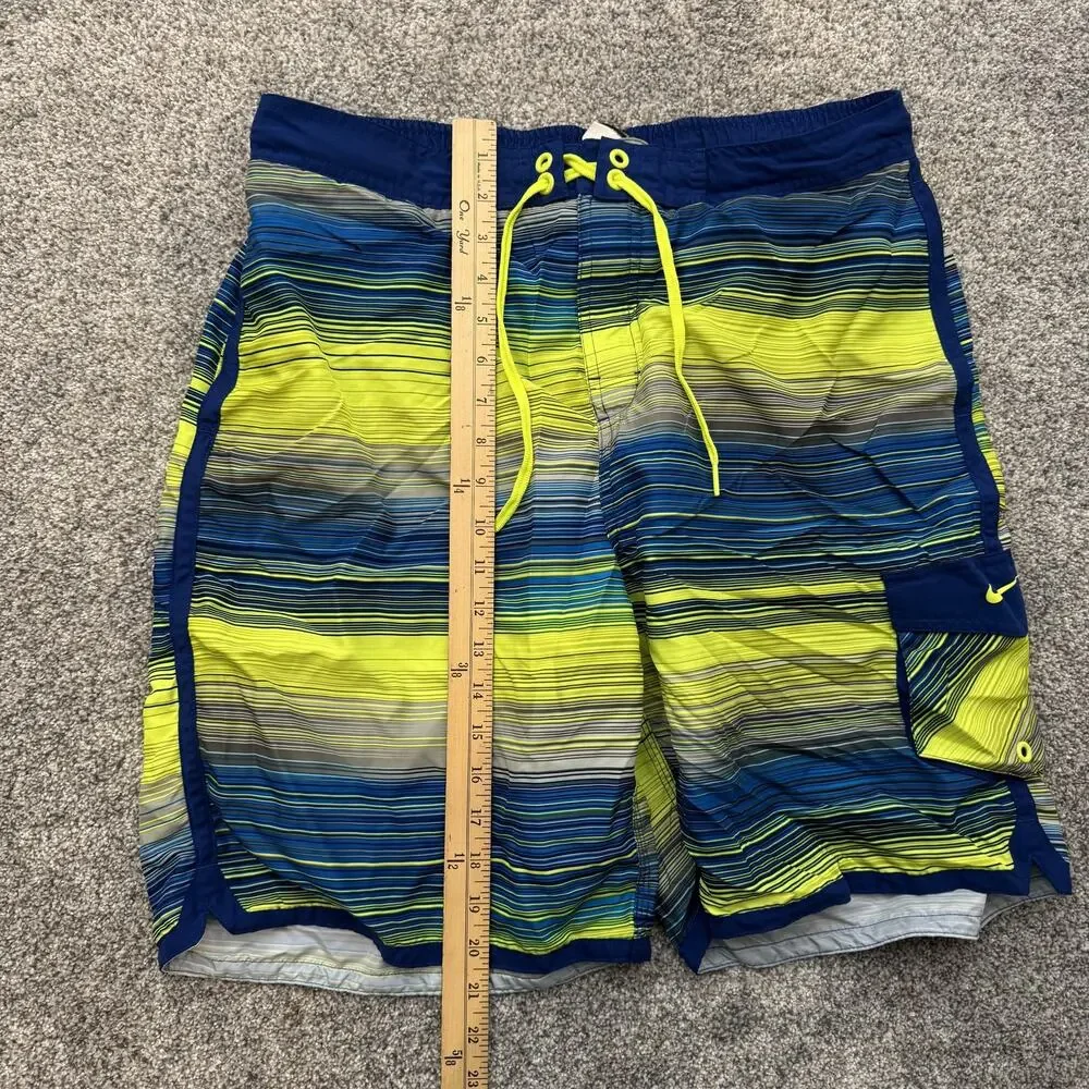 Nike Swim Trunks Mens Large Blue Yellow Striped Board Shorts Pocket Polyester